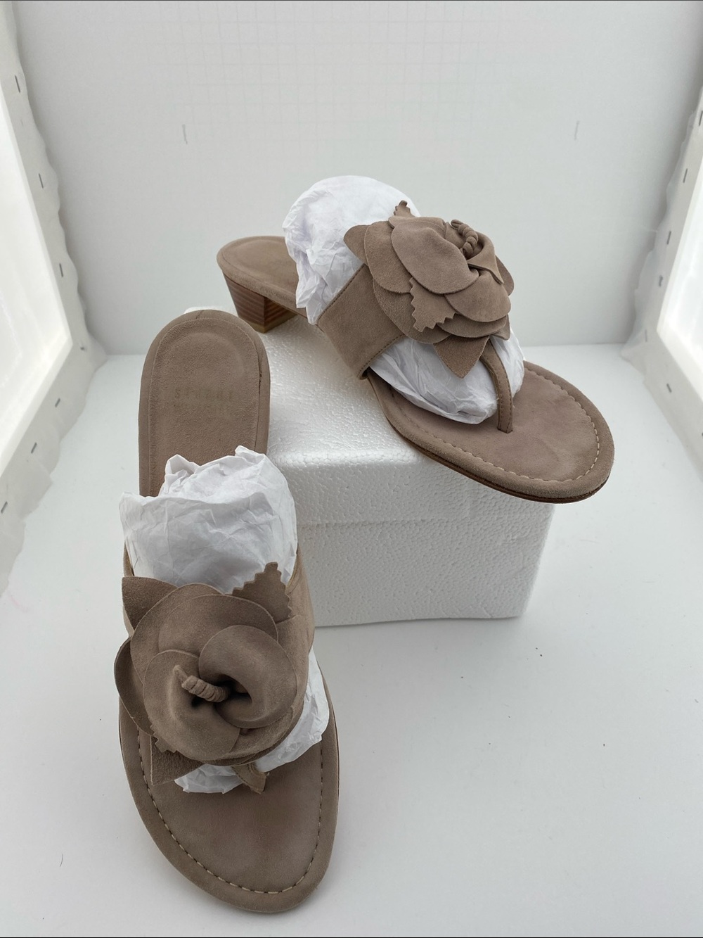 Stuart Weitzman Taupe Suede Floral Thong Mules